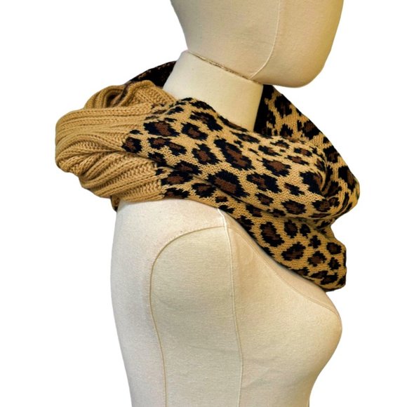 C C Infinity Scarf Wrap Leopard Animal Print Black Brown Ribbed Pullover Loop - Picture 4 of 8
